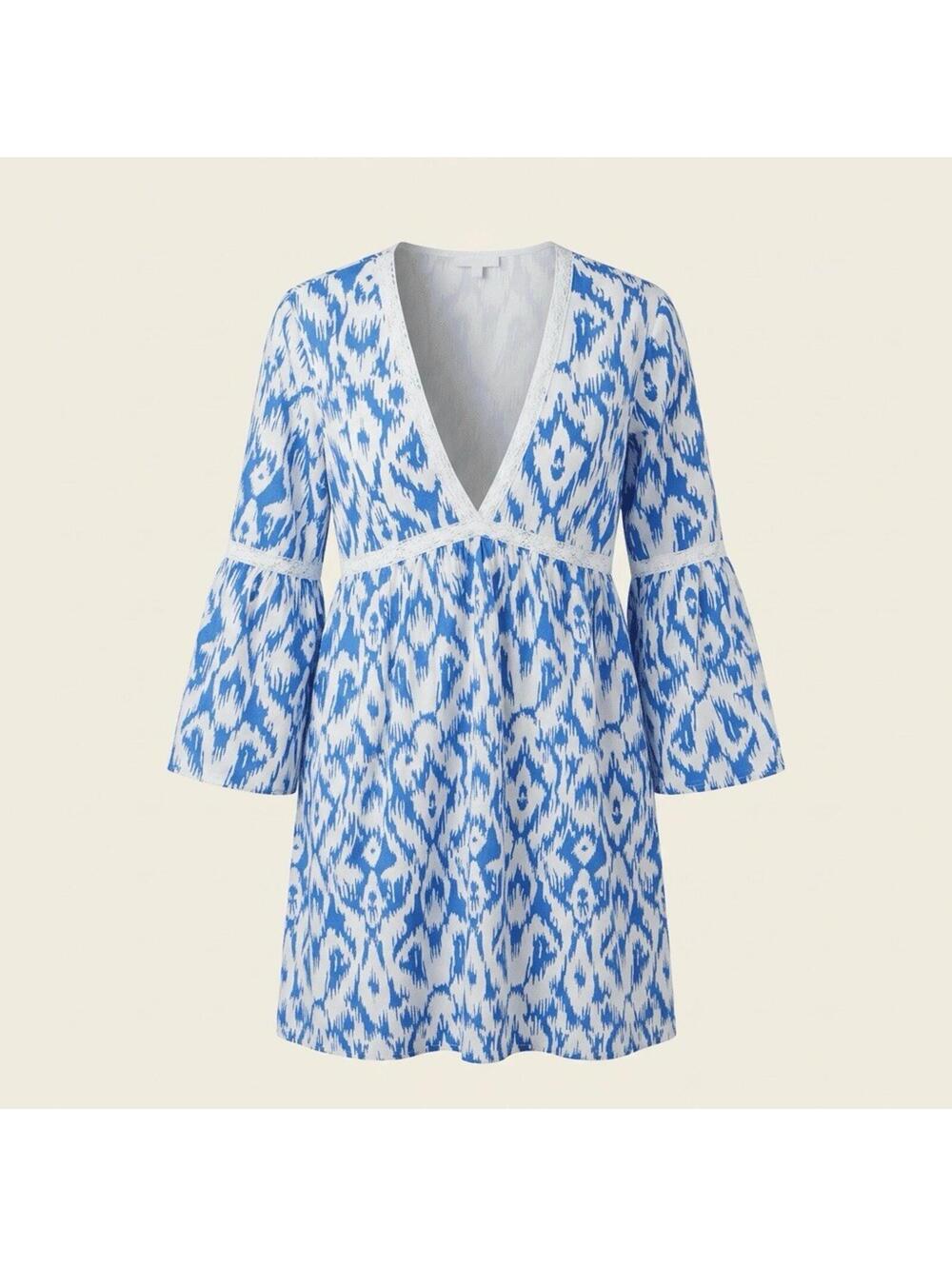 NWT Made With Love V-Neck Dress Medium M White Blue Short Sleeve Summer Casual